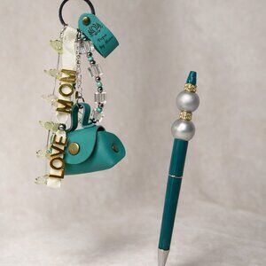 “Mom Gift Set – Teal Mini Purse Keychain & Beaded Pen | Handmade & Elegant”